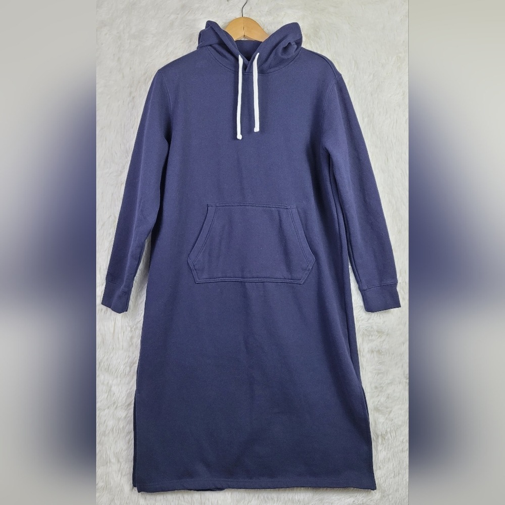 Lands End Womens M Navy Blue Hooded Midi Sweater Dress Loungewear Cozy